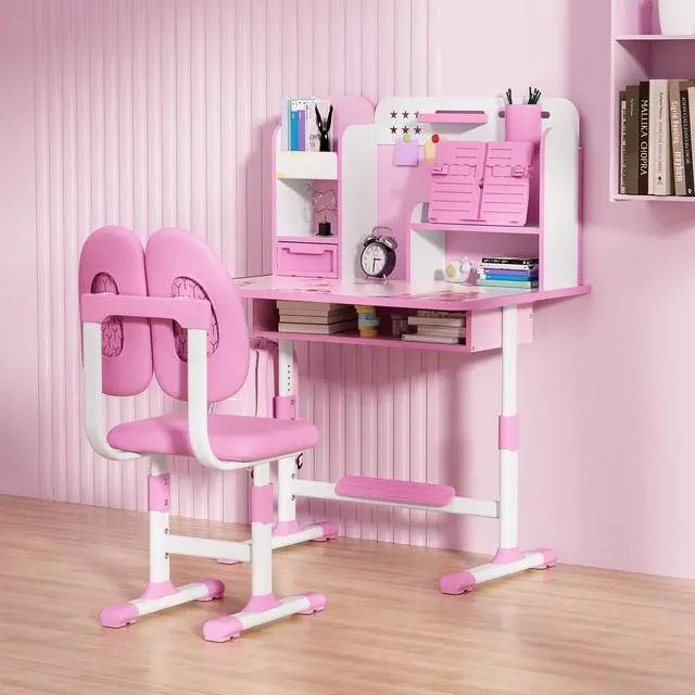 Alt view image 2 of 6 - Small Desk, Kids Study Desk Chair Set, Height Adjustable Children School Study Table Chair Set with Sitting Corrector, Ergonomic Desk Chair with Book Stand, Foot Pedal, Partition Design (Pink)