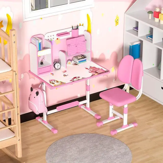 Alt view image 6 of 6 - Small Desk, Kids Study Desk Chair Set, Height Adjustable Children School Study Table Chair Set with Sitting Corrector, Ergonomic Desk Chair with Book Stand, Foot Pedal, Partition Design (Pink)