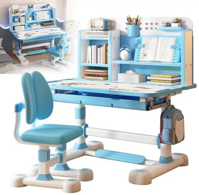 Main image of Small Desk, Kids Study Desk Chair Set, Height Adjustable Children School Study Table Chair Set with Sitting Corrector, Ergonomic Desk Chair with Book Stand, Foot Pedal, Partition Design (Blue1)