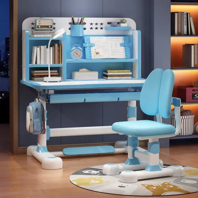 Alt view image 2 of 6 - Small Desk, Kids Study Desk Chair Set, Height Adjustable Children School Study Table Chair Set with Sitting Corrector, Ergonomic Desk Chair with Book Stand, Foot Pedal, Partition Design (Blue1)