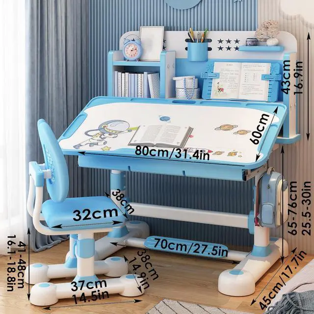 Alt view image 3 of 6 - Small Desk, Kids Study Desk Chair Set, Height Adjustable Children School Study Table Chair Set with Sitting Corrector, Ergonomic Desk Chair with Book Stand, Foot Pedal, Partition Design (Blue1)