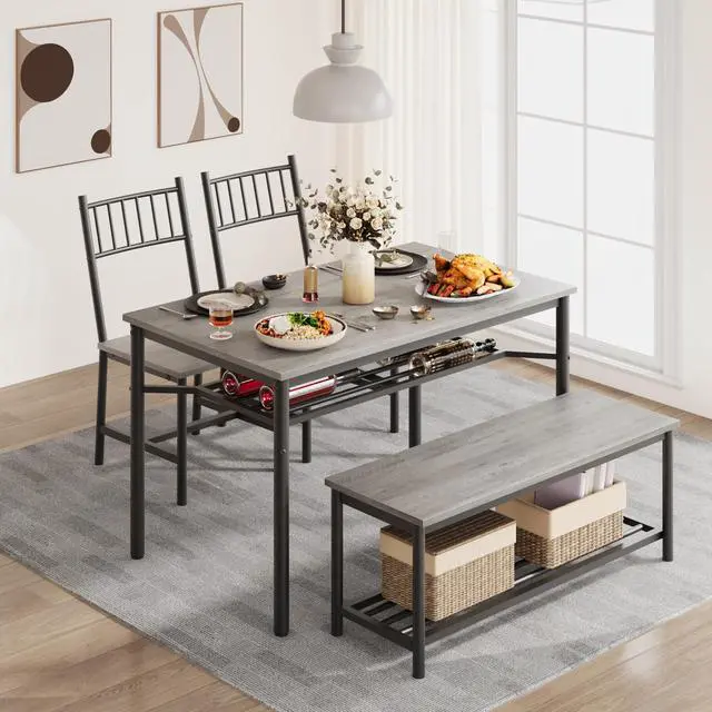 Alt view image 2 of 6 - Dining Table Set for 4 with Bench and Chairs, 4-Piece Kitchen Table Set with Storage Space-Saving Dining Table for Apartments and Dining Rooms, Gray