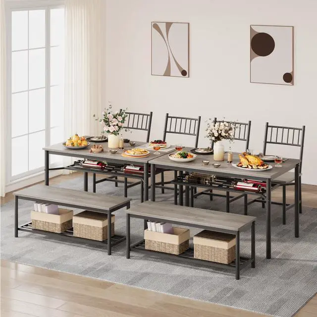 Alt view image 3 of 6 - Dining Table Set for 4 with Bench and Chairs, 4-Piece Kitchen Table Set with Storage Space-Saving Dining Table for Apartments and Dining Rooms, Gray