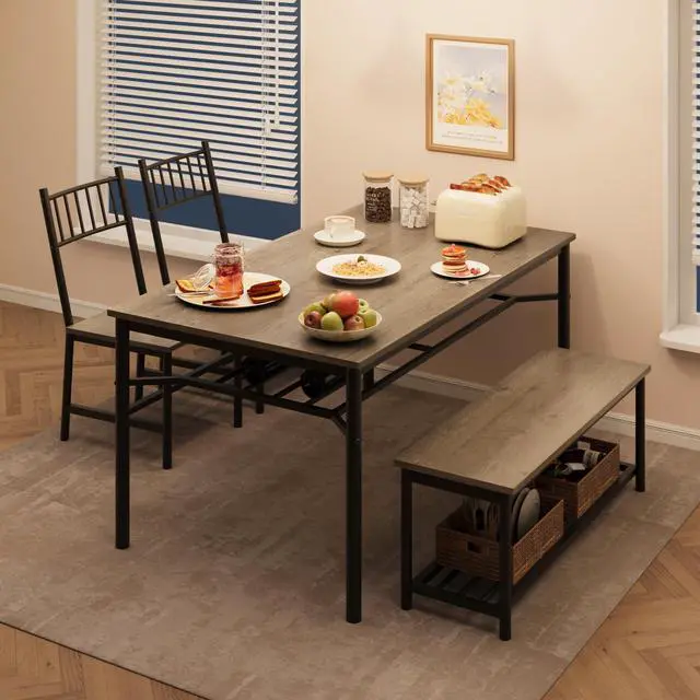 Alt view image 4 of 6 - Dining Table Set for 4 with Bench and Chairs, 4-Piece Kitchen Table Set with Storage Space-Saving Dining Table for Apartments and Dining Rooms, Gray