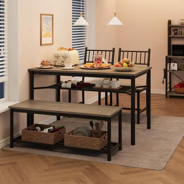 Alt view image 5 of 6 - Dining Table Set for 4 with Bench and Chairs, 4-Piece Kitchen Table Set with Storage Space-Saving Dining Table for Apartments and Dining Rooms, Gray
