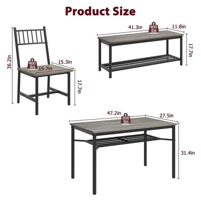 Alt view image 6 of 6 - Dining Table Set for 4 with Bench and Chairs, 4-Piece Kitchen Table Set with Storage Space-Saving Dining Table for Apartments and Dining Rooms, Gray