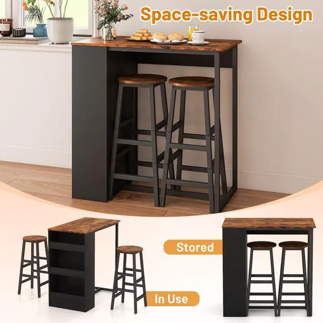 Alt view image 3 of 6 - 3-Pieces Dining Table Set, 36-Inches Rectangular Kitchen Table and 2 Barstools with Storage Shelves, Counter Height Table Set for Small Space, Breakfast Nook, Dinette, Pub, Living Room