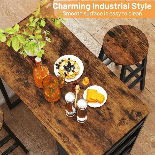 Alt view image 4 of 6 - 3-Pieces Dining Table Set, 36-Inches Rectangular Kitchen Table and 2 Barstools with Storage Shelves, Counter Height Table Set for Small Space, Breakfast Nook, Dinette, Pub, Living Room