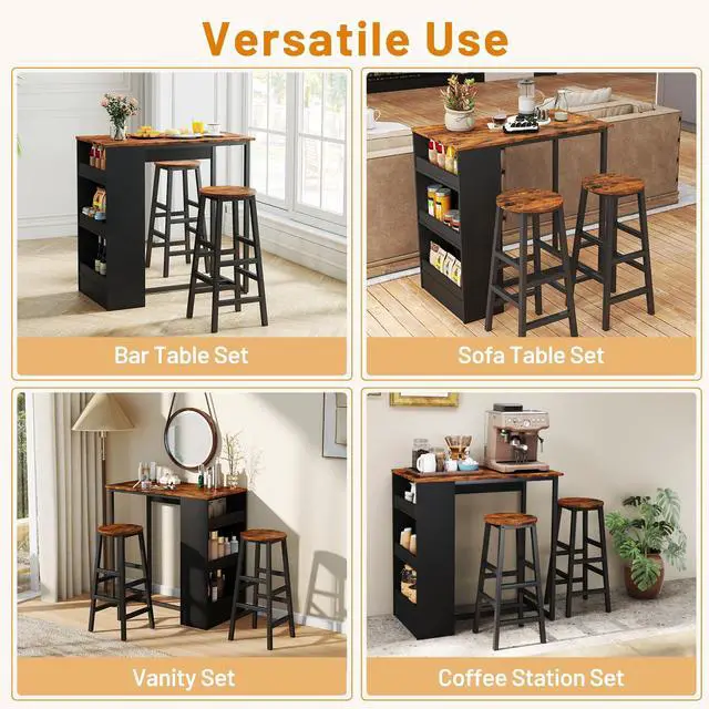 Alt view image 6 of 6 - 3-Pieces Dining Table Set, 36-Inches Rectangular Kitchen Table and 2 Barstools with Storage Shelves, Counter Height Table Set for Small Space, Breakfast Nook, Dinette, Pub, Living Room