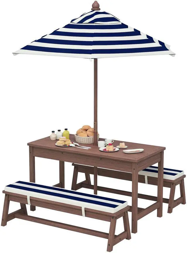 Main image of Kids Picnic Table, Outdoor Wooden Table & Bench Set with Cushions and Umbrella, Children Backyard Furniture for Patio, Garden, Navy Blue