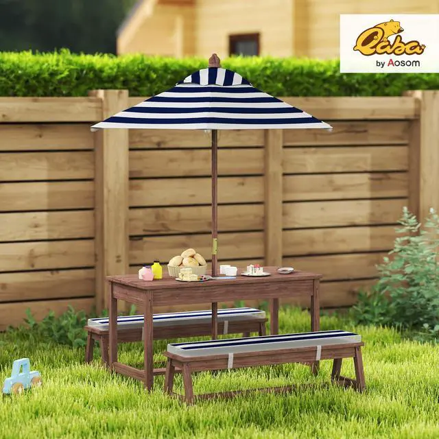 Alt view image 2 of 6 - Kids Picnic Table, Outdoor Wooden Table & Bench Set with Cushions and Umbrella, Children Backyard Furniture for Patio, Garden, Navy Blue