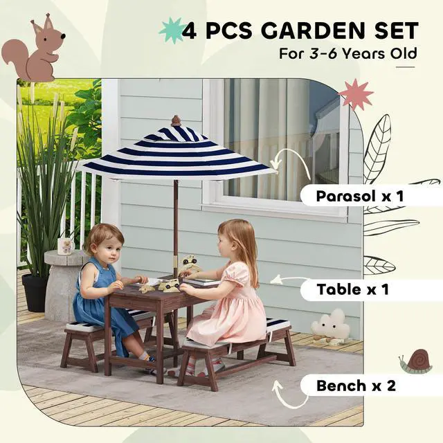 Alt view image 3 of 6 - Kids Picnic Table, Outdoor Wooden Table & Bench Set with Cushions and Umbrella, Children Backyard Furniture for Patio, Garden, Navy Blue