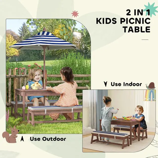 Alt view image 5 of 6 - Kids Picnic Table, Outdoor Wooden Table & Bench Set with Cushions and Umbrella, Children Backyard Furniture for Patio, Garden, Navy Blue