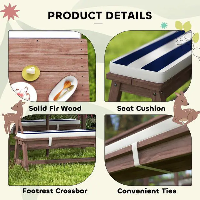 Alt view image 6 of 6 - Kids Picnic Table, Outdoor Wooden Table & Bench Set with Cushions and Umbrella, Children Backyard Furniture for Patio, Garden, Navy Blue