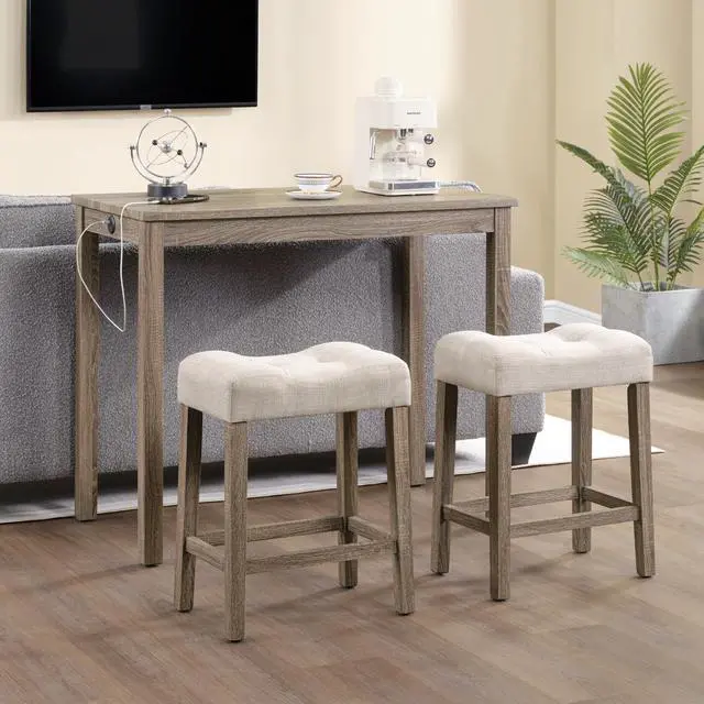 Main image of 3 Piece Bar Table Set,Dining Bar Table and 2 Chairs Set with Charging Station Industrial Breakfast Table with 2 Padded Stools Rustic Bar Kitchen Dinning Room Living Room Cream