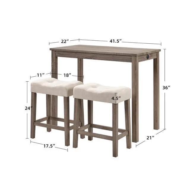 Alt view image 2 of 6 - 3 Piece Bar Table Set,Dining Bar Table and 2 Chairs Set with Charging Station Industrial Breakfast Table with 2 Padded Stools Rustic Bar Kitchen Dinning Room Living Room Cream