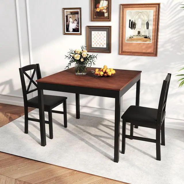 Main image of 3-Piece Dining Table Set for 2, Wooden Square Kitchen Table with 2 Upholstered Chairs, Space-Saving Dining Room Furniture Set for Dining Room, Breakfast Nook, Small Space, Brown & Black