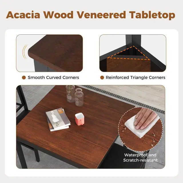 Alt view image 2 of 6 - 3-Piece Dining Table Set for 2, Wooden Square Kitchen Table with 2 Upholstered Chairs, Space-Saving Dining Room Furniture Set for Dining Room, Breakfast Nook, Small Space, Brown & Black