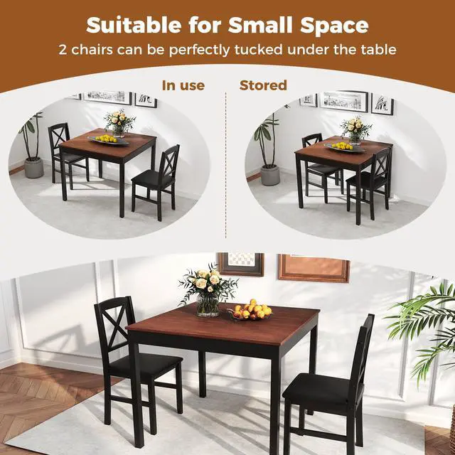 Alt view image 6 of 6 - 3-Piece Dining Table Set for 2, Wooden Square Kitchen Table with 2 Upholstered Chairs, Space-Saving Dining Room Furniture Set for Dining Room, Breakfast Nook, Small Space, Brown & Black