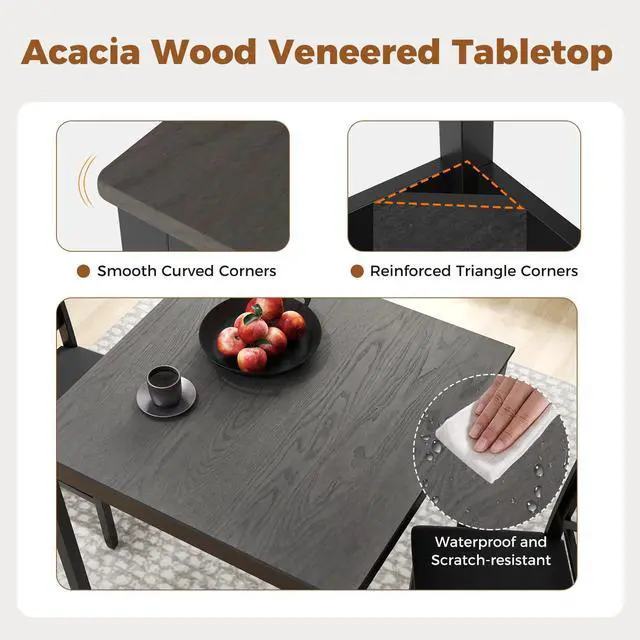 Alt view image 2 of 6 - 3-Piece Dining Table Set for 2, Wooden Square Kitchen Table with 2 Upholstered Chairs, Space-Saving Dining Room Furniture Set for Dining Room, Breakfast Nook, Small Space, Grey & Black