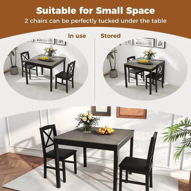 Alt view image 6 of 6 - 3-Piece Dining Table Set for 2, Wooden Square Kitchen Table with 2 Upholstered Chairs, Space-Saving Dining Room Furniture Set for Dining Room, Breakfast Nook, Small Space, Grey & Black