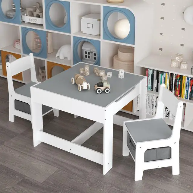 Main image of Kids Table and Chair Set Wood Activity Table with Storage, Detachable Tabletop for Study Drawing Play, Kids Chairs with Storage Drawer Boys Girls Gift Toddler Desk Set for Nursery Playroom, White Grey
