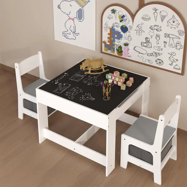 Alt view image 2 of 6 - Kids Table and Chair Set Wood Activity Table with Storage, Detachable Tabletop for Study Drawing Play, Kids Chairs with Storage Drawer Boys Girls Gift Toddler Desk Set for Nursery Playroom, White Grey
