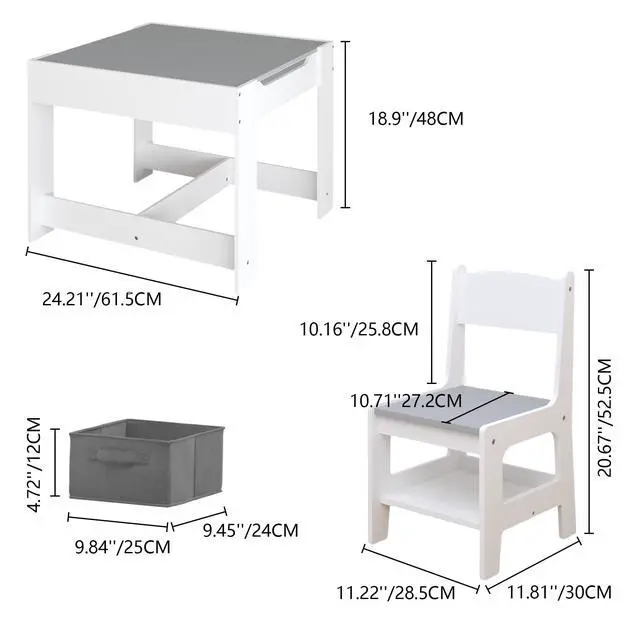 Alt view image 3 of 6 - Kids Table and Chair Set Wood Activity Table with Storage, Detachable Tabletop for Study Drawing Play, Kids Chairs with Storage Drawer Boys Girls Gift Toddler Desk Set for Nursery Playroom, White Grey