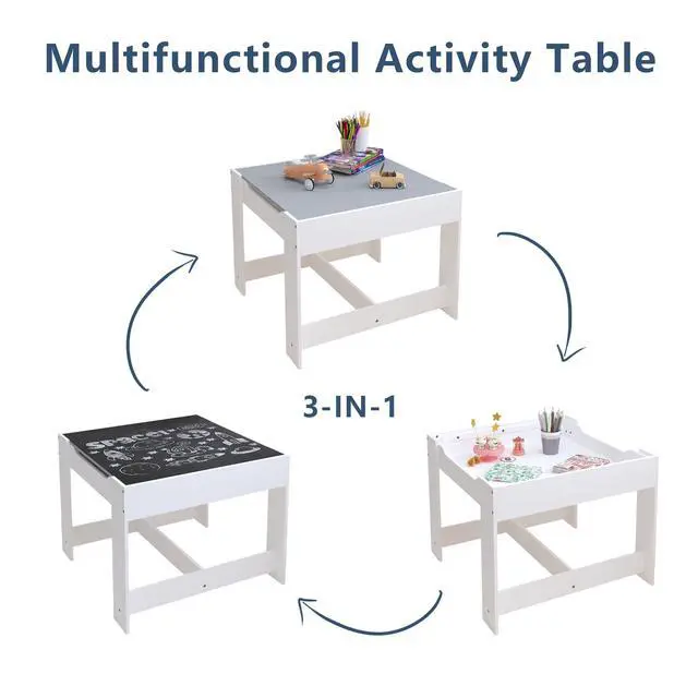 Alt view image 4 of 6 - Kids Table and Chair Set Wood Activity Table with Storage, Detachable Tabletop for Study Drawing Play, Kids Chairs with Storage Drawer Boys Girls Gift Toddler Desk Set for Nursery Playroom, White Grey