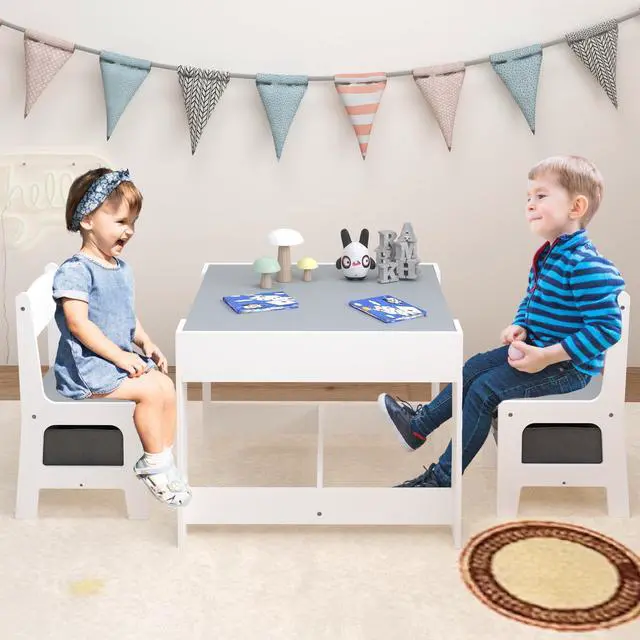 Alt view image 6 of 6 - Kids Table and Chair Set Wood Activity Table with Storage, Detachable Tabletop for Study Drawing Play, Kids Chairs with Storage Drawer Boys Girls Gift Toddler Desk Set for Nursery Playroom, White Grey