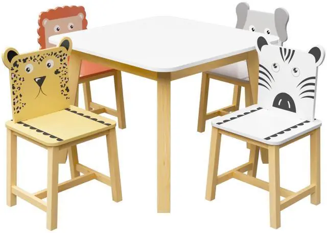 Main image of Kids Table and Chairs, Childrens Table and Chair Set of 5 Piece, Wooden Cartoon Animals Design, Ideal for Arts & Crafts, Gift for Ages 2+, White