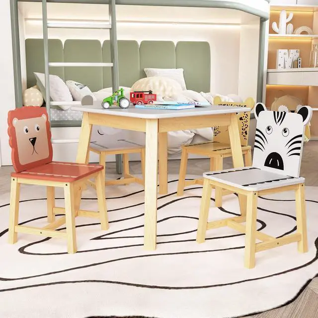 Alt view image 4 of 6 - Kids Table and Chairs, Childrens Table and Chair Set of 5 Piece, Wooden Cartoon Animals Design, Ideal for Arts & Crafts, Gift for Ages 2+, White