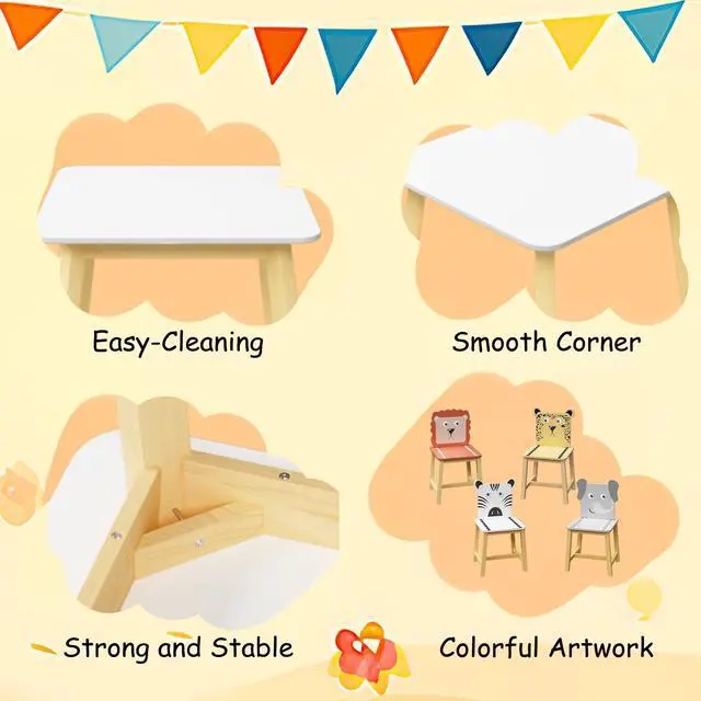 Alt view image 6 of 6 - Kids Table and Chairs, Childrens Table and Chair Set of 5 Piece, Wooden Cartoon Animals Design, Ideal for Arts & Crafts, Gift for Ages 2+, White