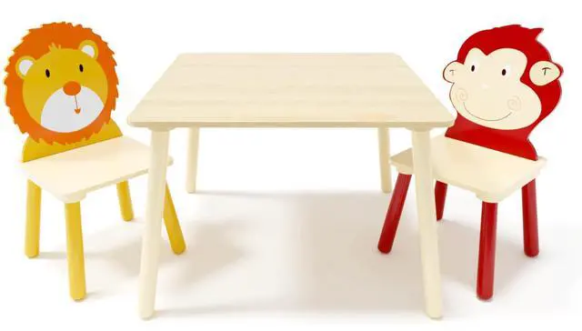 Main image of Kids Table and Chairs, Childrens Table and Chair Set of 3 Piece, Wooden Cartoon Animals Design, Ideal for Arts & Crafts, Gift for Ages 2+, Lion & Monkey