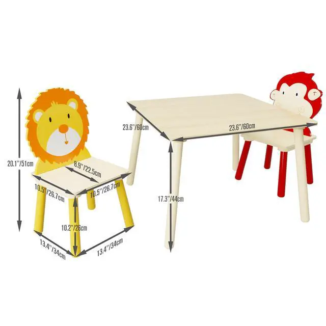 Alt view image 2 of 6 - Kids Table and Chairs, Childrens Table and Chair Set of 3 Piece, Wooden Cartoon Animals Design, Ideal for Arts & Crafts, Gift for Ages 2+, Lion & Monkey