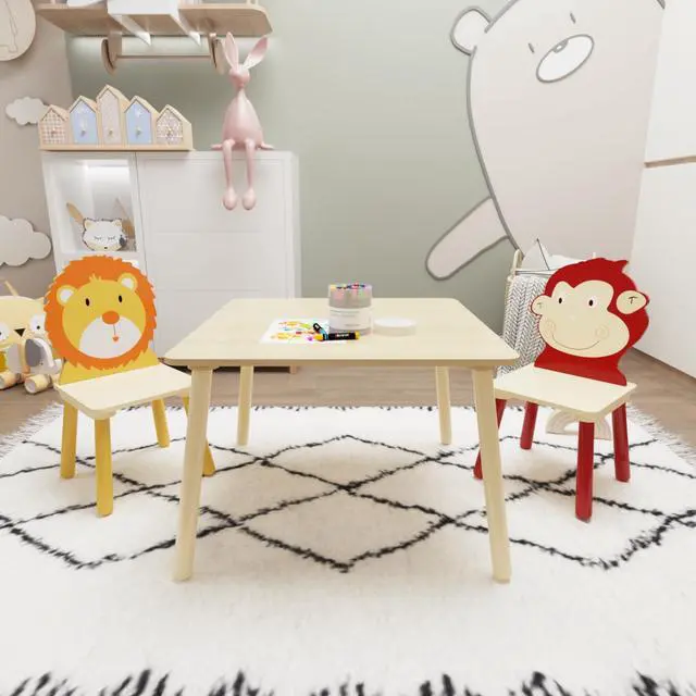 Alt view image 3 of 6 - Kids Table and Chairs, Childrens Table and Chair Set of 3 Piece, Wooden Cartoon Animals Design, Ideal for Arts & Crafts, Gift for Ages 2+, Lion & Monkey
