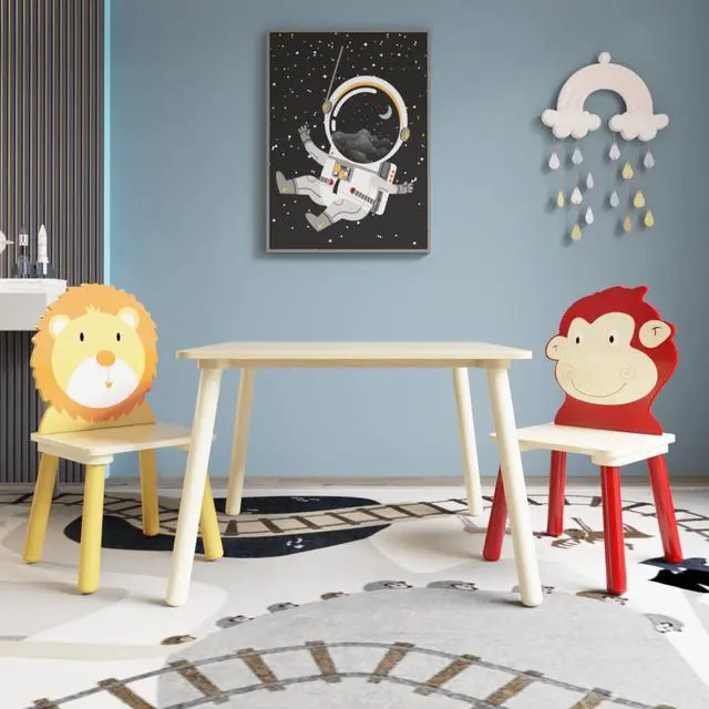 Alt view image 4 of 6 - Kids Table and Chairs, Childrens Table and Chair Set of 3 Piece, Wooden Cartoon Animals Design, Ideal for Arts & Crafts, Gift for Ages 2+, Lion & Monkey