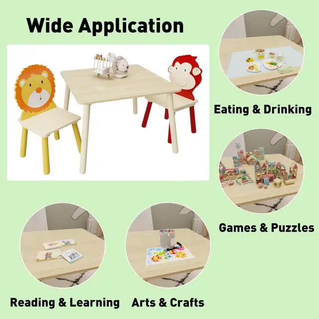 Alt view image 6 of 6 - Kids Table and Chairs, Childrens Table and Chair Set of 3 Piece, Wooden Cartoon Animals Design, Ideal for Arts & Crafts, Gift for Ages 2+, Lion & Monkey