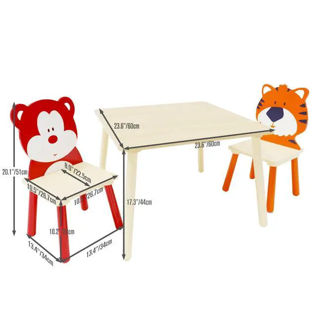 Alt view image 2 of 6 - Kids Table and Chairs, Childrens Table and Chair Set of 3 Piece, Wooden Cartoon Animals Design, Ideal for Arts & Crafts, Gift for Ages 2+, Bear & Tiger