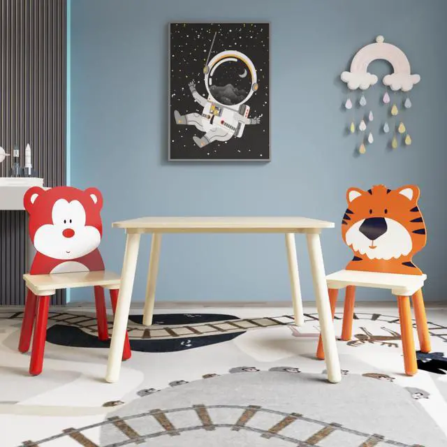 Alt view image 3 of 6 - Kids Table and Chairs, Childrens Table and Chair Set of 3 Piece, Wooden Cartoon Animals Design, Ideal for Arts & Crafts, Gift for Ages 2+, Bear & Tiger