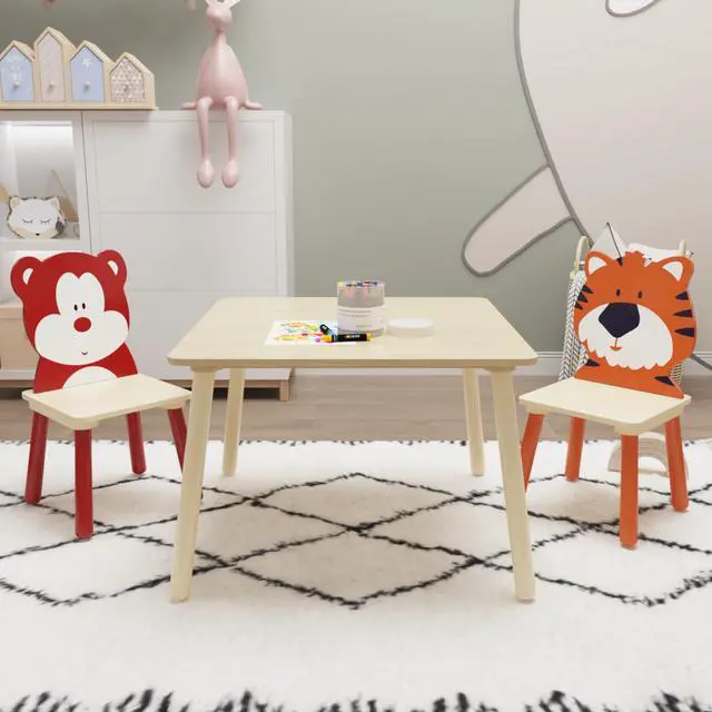 Alt view image 4 of 6 - Kids Table and Chairs, Childrens Table and Chair Set of 3 Piece, Wooden Cartoon Animals Design, Ideal for Arts & Crafts, Gift for Ages 2+, Bear & Tiger