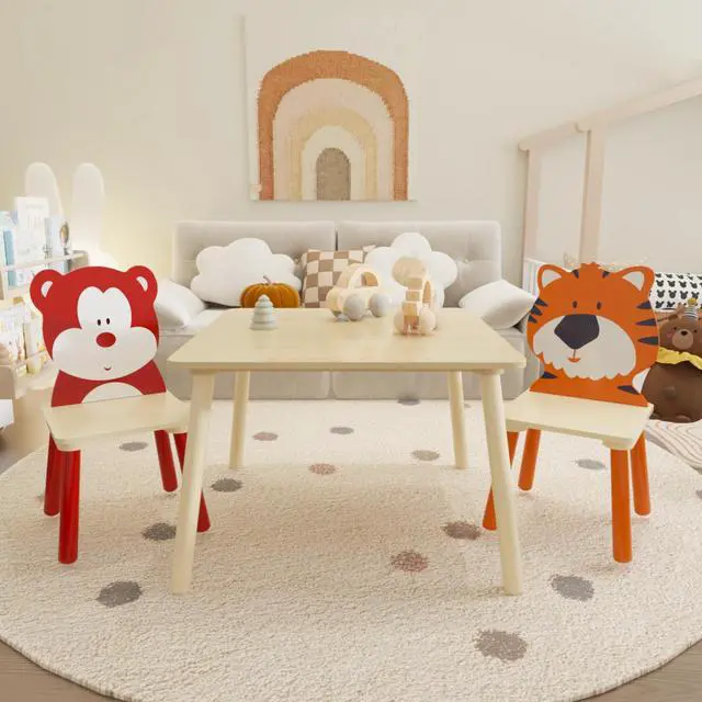 Alt view image 5 of 6 - Kids Table and Chairs, Childrens Table and Chair Set of 3 Piece, Wooden Cartoon Animals Design, Ideal for Arts & Crafts, Gift for Ages 2+, Bear & Tiger