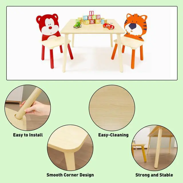 Alt view image 6 of 6 - Kids Table and Chairs, Childrens Table and Chair Set of 3 Piece, Wooden Cartoon Animals Design, Ideal for Arts & Crafts, Gift for Ages 2+, Bear & Tiger