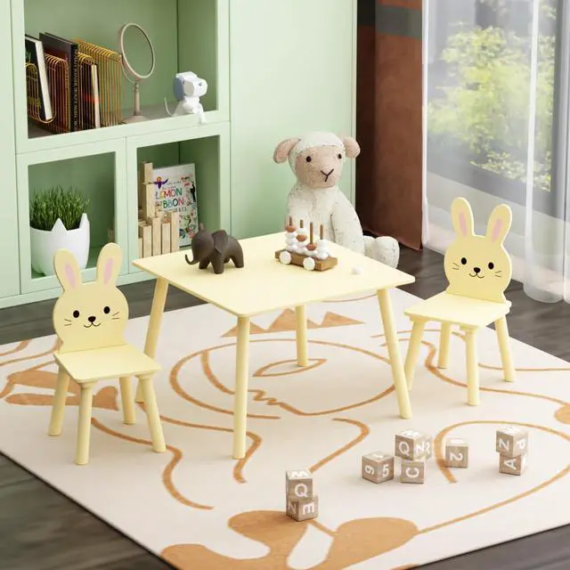 Main image of 3 Piece Kids Table and Chairs Set, Wooden Toddler Desk with Bunny Backrest, Activity Play Table Set for Study, Drawing, Play, Boys & Girls Gift for Ages 2+, Cream Yellow