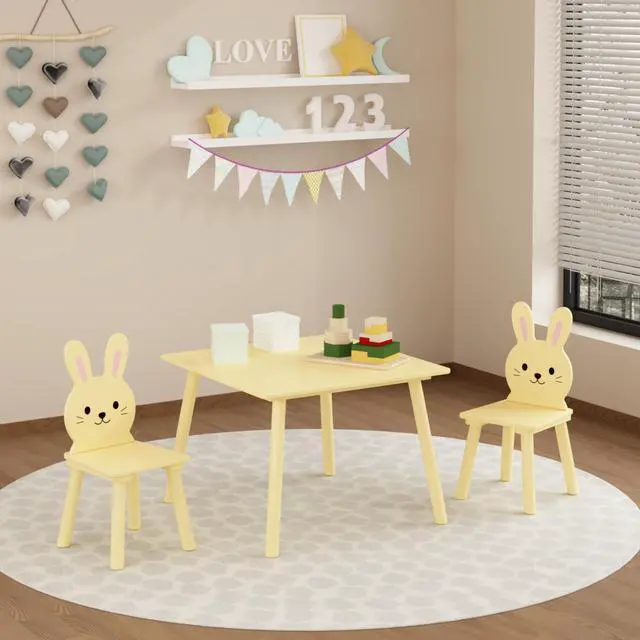 Alt view image 2 of 6 - 3 Piece Kids Table and Chairs Set, Wooden Toddler Desk with Bunny Backrest, Activity Play Table Set for Study, Drawing, Play, Boys & Girls Gift for Ages 2+, Cream Yellow