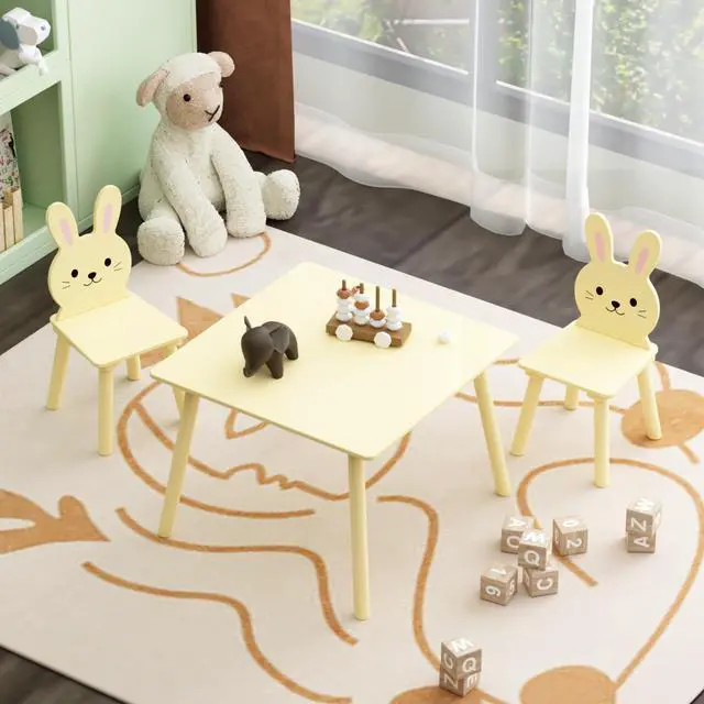 Alt view image 3 of 6 - 3 Piece Kids Table and Chairs Set, Wooden Toddler Desk with Bunny Backrest, Activity Play Table Set for Study, Drawing, Play, Boys & Girls Gift for Ages 2+, Cream Yellow