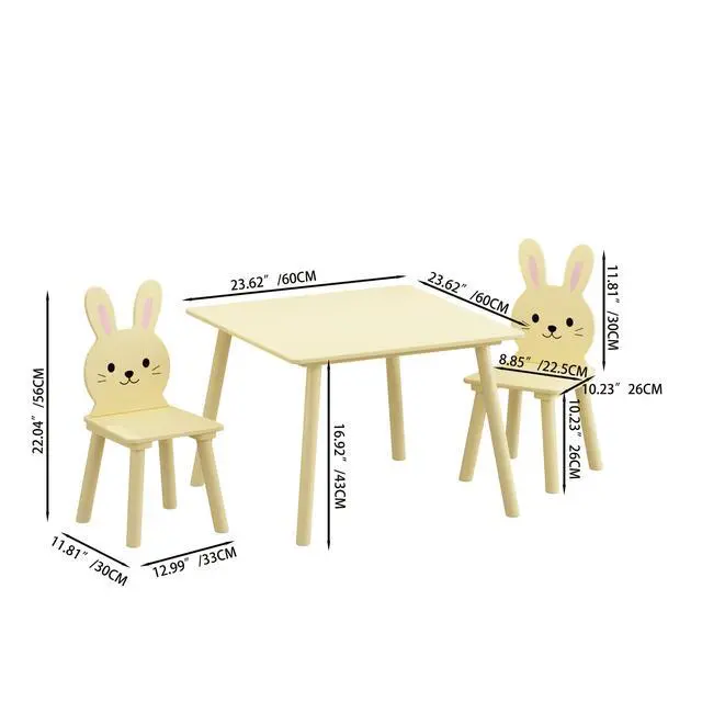 Alt view image 4 of 6 - 3 Piece Kids Table and Chairs Set, Wooden Toddler Desk with Bunny Backrest, Activity Play Table Set for Study, Drawing, Play, Boys & Girls Gift for Ages 2+, Cream Yellow