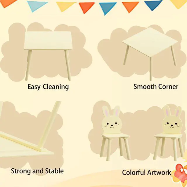 Alt view image 5 of 6 - 3 Piece Kids Table and Chairs Set, Wooden Toddler Desk with Bunny Backrest, Activity Play Table Set for Study, Drawing, Play, Boys & Girls Gift for Ages 2+, Cream Yellow