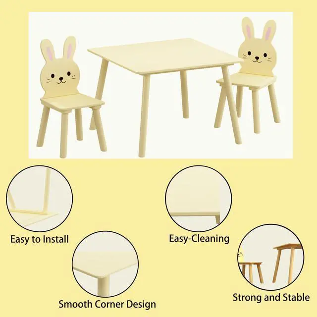 Alt view image 6 of 6 - 3 Piece Kids Table and Chairs Set, Wooden Toddler Desk with Bunny Backrest, Activity Play Table Set for Study, Drawing, Play, Boys & Girls Gift for Ages 2+, Cream Yellow