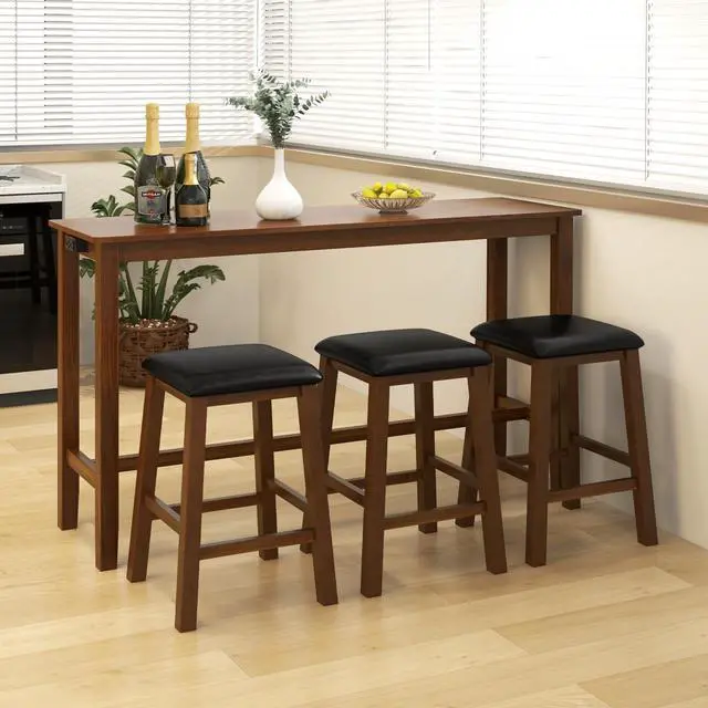 Main image of 4-Piece Bar Table with Stools, Wooden Dining Bar Table & Chairs Set w/Power Outet, Kitchen Console Table w/ 3 Upholstered Stools for Living Room, Dining Room (Walnut Brown)